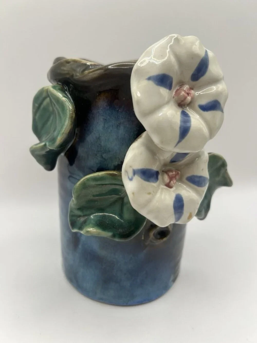 Handmade Studio Pottery Vase Blue Drip Glaze Floral Applied Art Vase Majolica￼